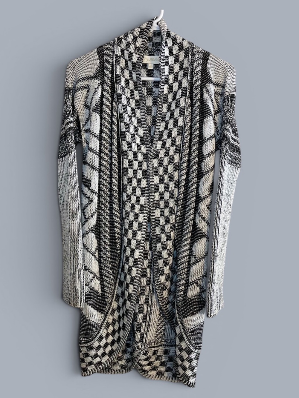 My Michelle Black White Abstract Open Front Cardigan Sz M